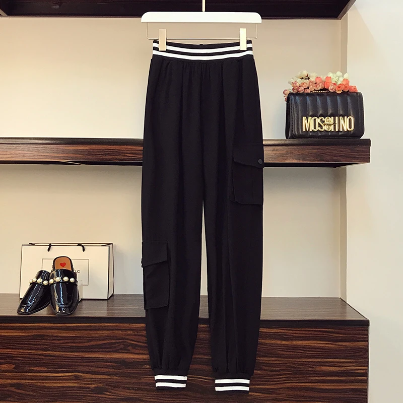 Plus Size 4XL Women High Street Suit Black Clothing Tracksuit Jacket Coat Crop Top And Pant Two Piece Set 2021 Winter Outfits |