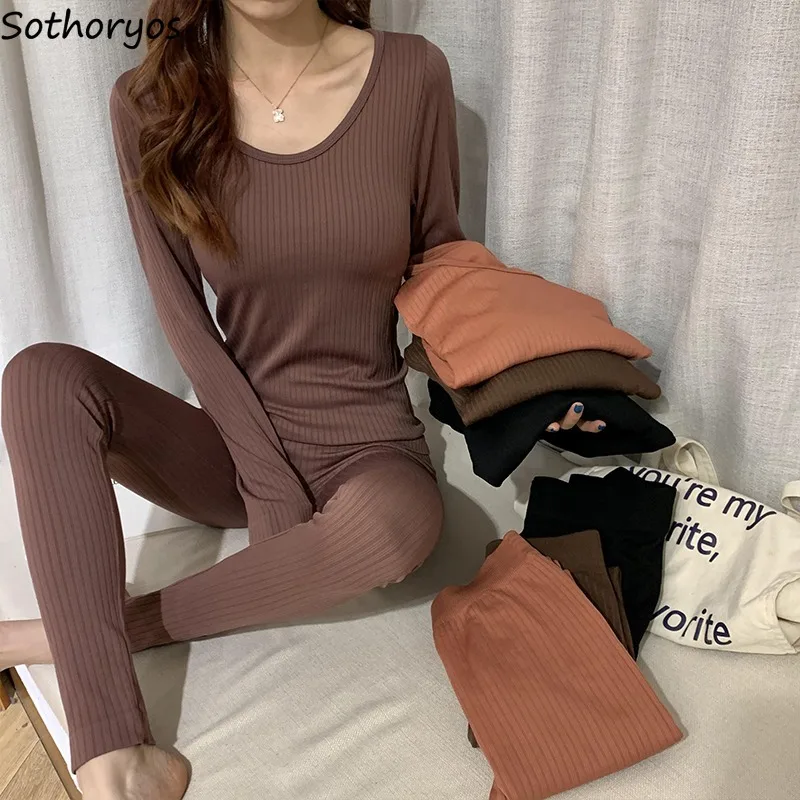 

Women Thermal Underwear Sets Long Sleeve Tops and Leggings Winter Thin Slim Soft Round Neck Sexy Student Casual Intimate Set New