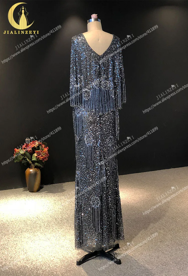 

JIALINZEYI Real Sample Cape Deep Navy Blue Full Luxurious Hand Beads Mermaid Floor Length Fromal dress Party Evening Dresses