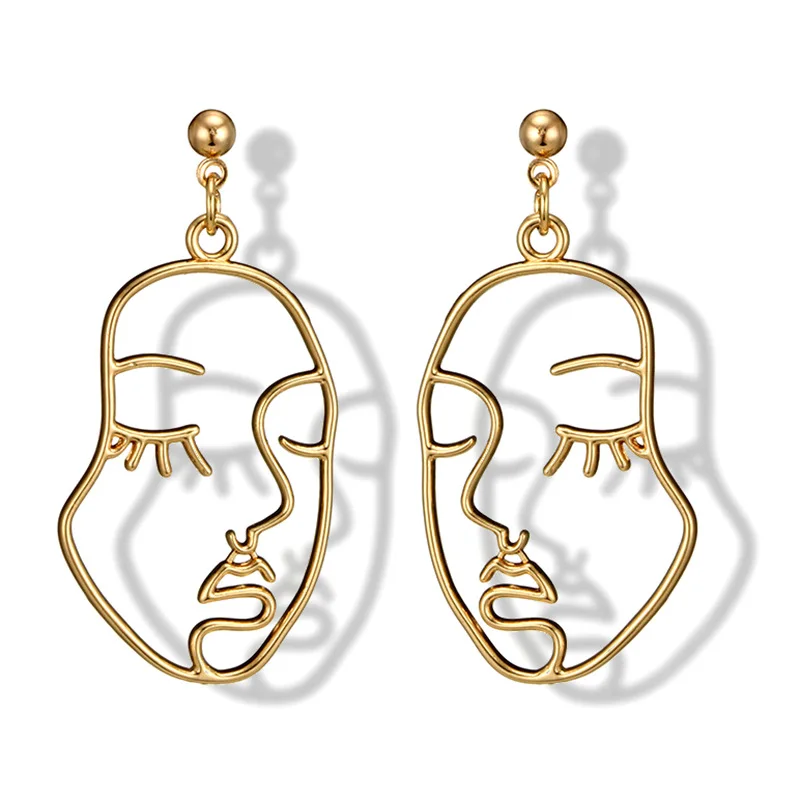 

Fashion Girl Face Abstract Line Drop Earrings for Women Simple Gold Hollow Out Human Face Pendant Stud Earrings Jewelry Gift