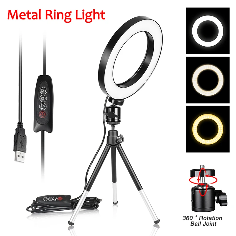 

SH 6 Inch LED Metal Ring Light Photography Selfie Lamp with Tripod Dimmable Photo Studio Phone Video Ring Lamp for Live YouTube