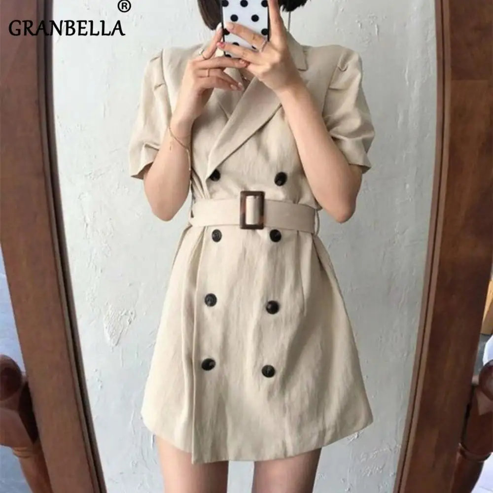 Женское элегантное платье тренч цвета хаки с отложным воротником и двойным