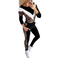 1 set women sweatshirt leopard patchwork pattern women o neck two piece set tracksuit pullover drawstring pants for daily wear