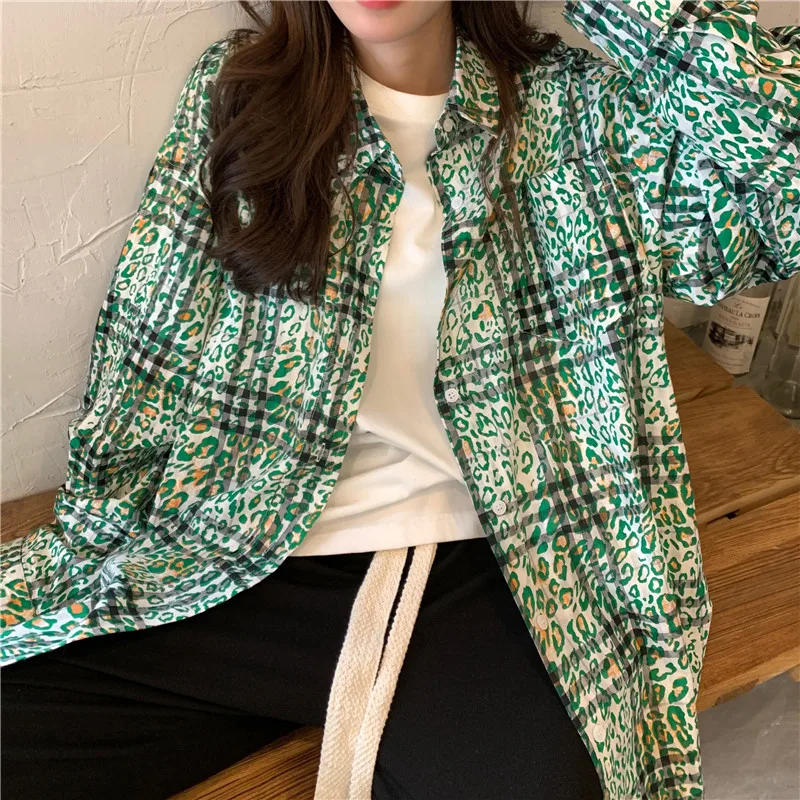 

Autumn Women Oversized Thicken Shirts Jackets Fashion Green Leopard Print Long Sleeve Single-Breasted Lady Loose Blousers Ins