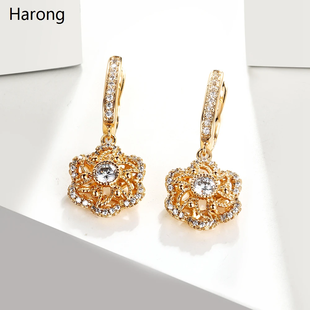 

2021 Fashion Beautiful Flower Pendant Drop Earrings Quality Copper Gold Ear Clip Jewelry Accessories Gifts For Woman Girl