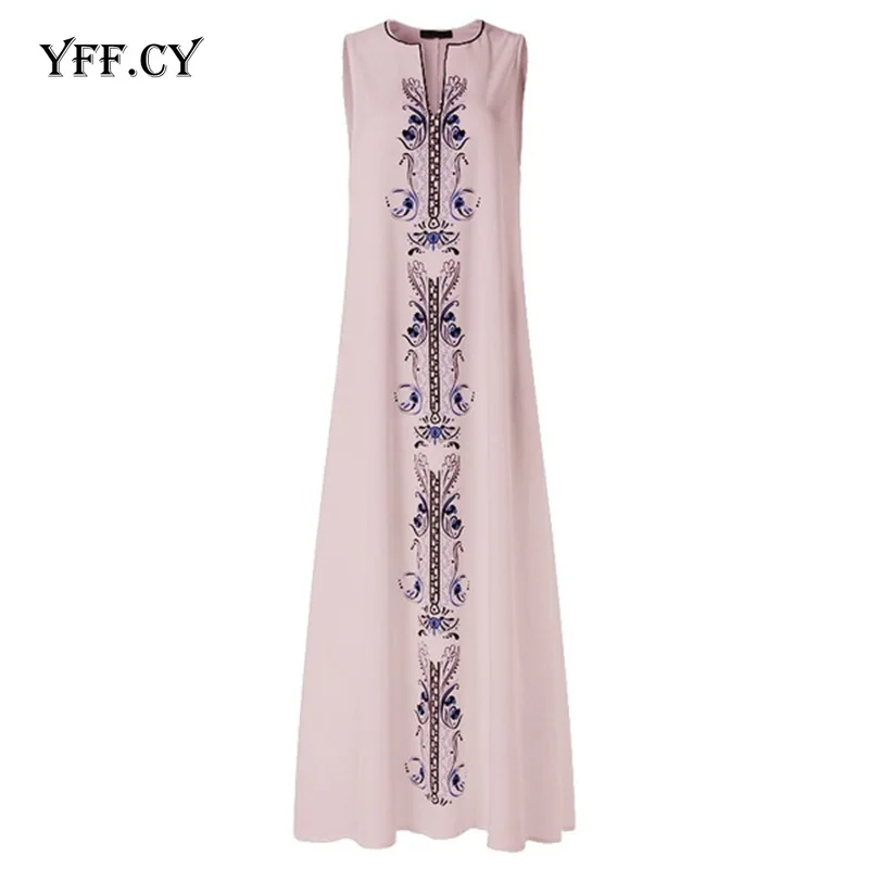 

Plus Size Women Summer Bohemia Maxi Dress Vintage Floral Print V-Neck Sleeveless Pocket long dresses Loose Boho dress 4XL 5XL