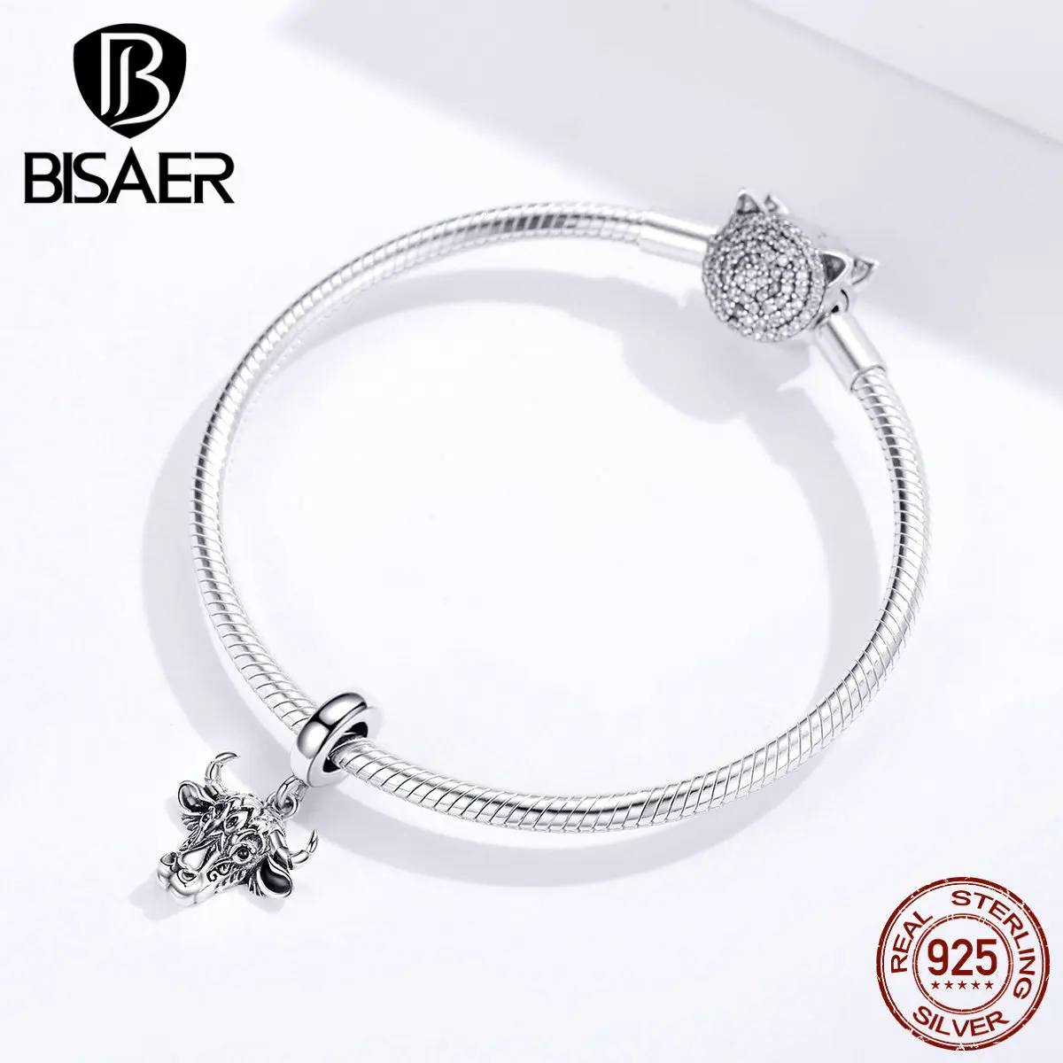 BISAER 925 пробы серебряные таурены бусины счастливый Хранитель Таурен серебряные амулеты подходят для женщин браслеты серебро 925 ювелирные изделия ECC1316