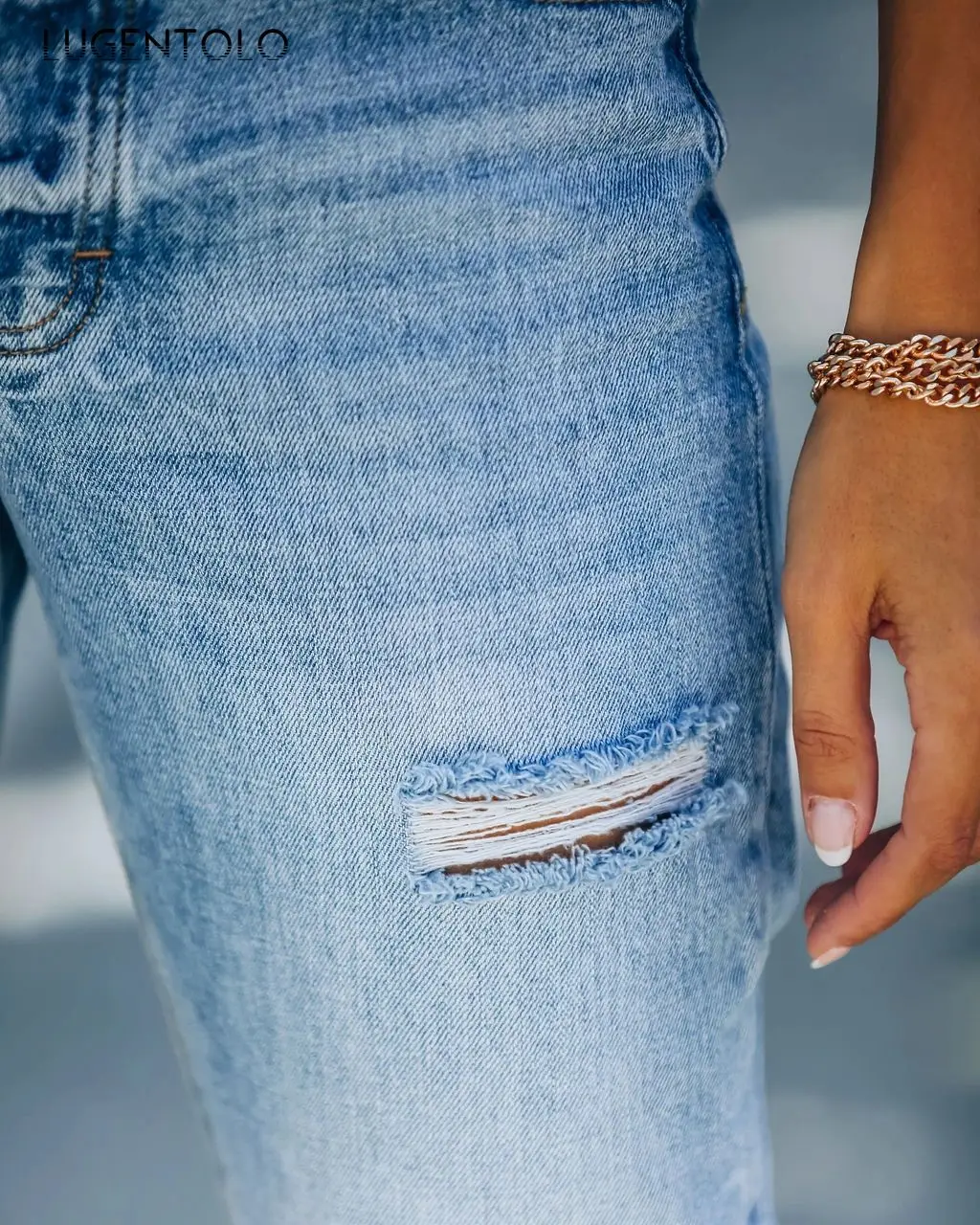 

Lugentolo Women Jeans High Waist Ripped Women's Sexy Holes Slim Casual Pocket Female Long Straight Jeans