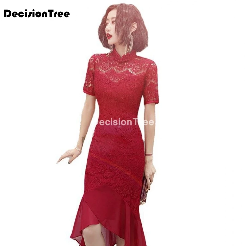 Женское кружевное платье Ципао Элегантное Длинное Красное Русалка с воротником