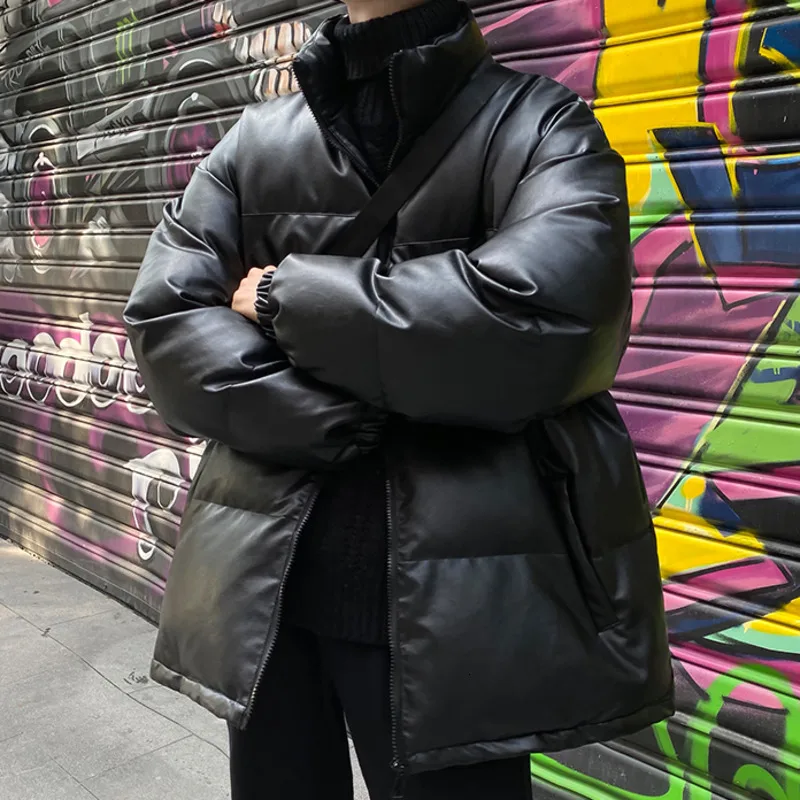 

Neploha 2021 мужские зимние Новые однотонные кожаные парки в гонконгском стиле уличная одежда свободные мужские пальто с воротником-стойкой муж...