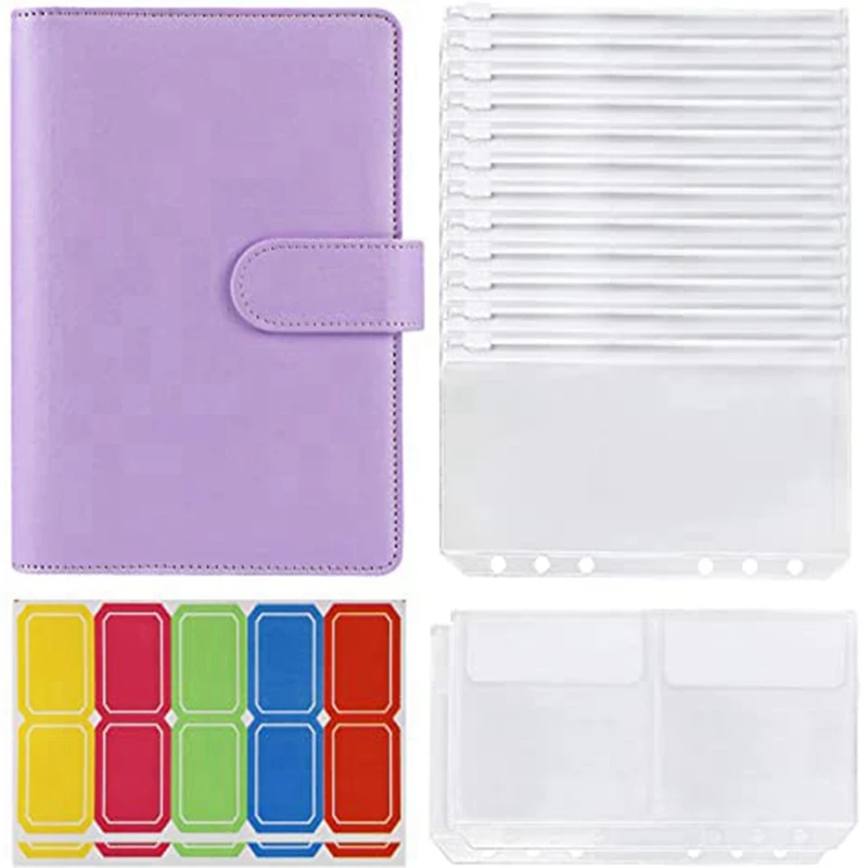 

2 Set 14 Binder Bags A6 with Leather Binder Cover, 6 Rings Budget Binder with Cash Envelope, Binder, Pink & Purple