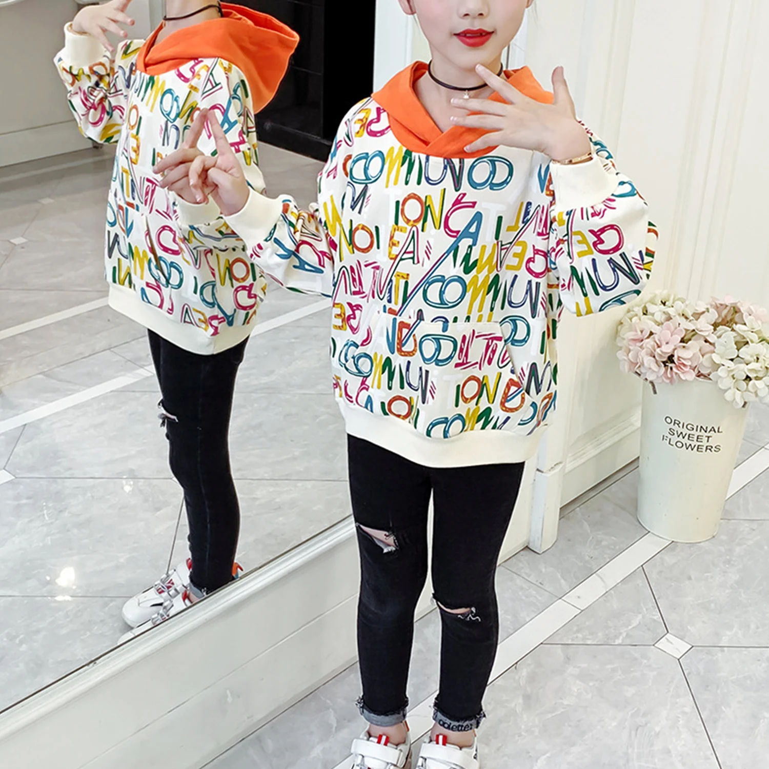 

Girls Sweatshirt Hoodies Sweat Colorful Letter Print Spring Hooded Coats For Girls Full Sleeve Kids Clothes Big Girls Sweatshirt