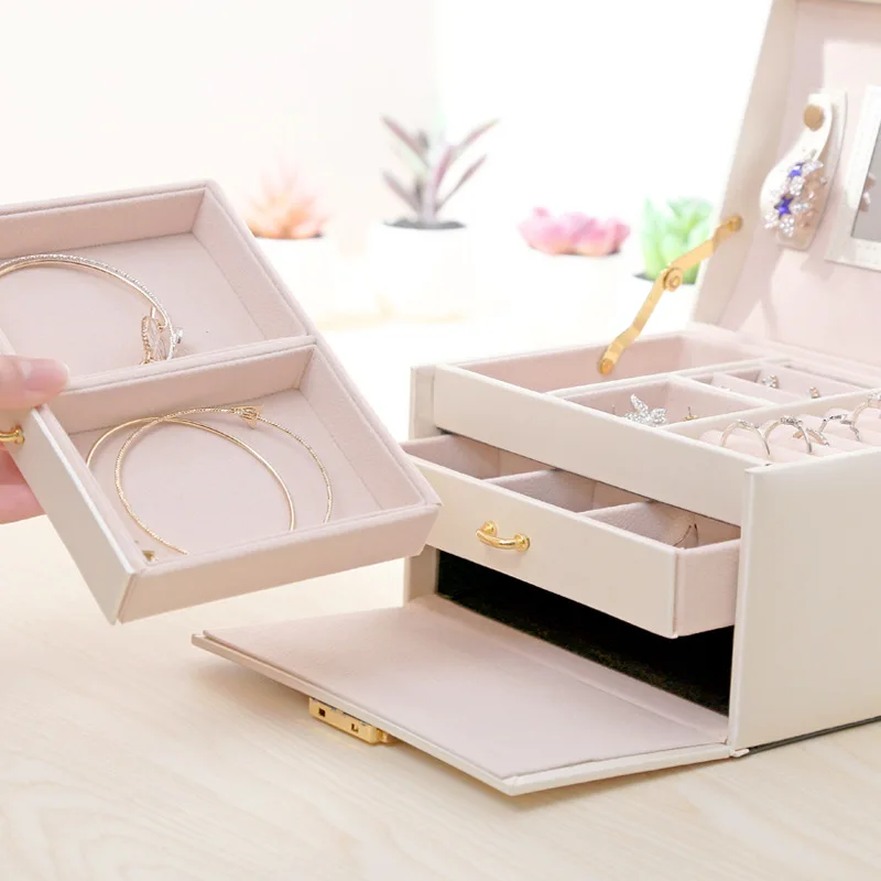 PU Leather Multi layer Jewelry Box Drawer Girls Earrings Necklace With Mirror Lock Storage Organizer Case Accessories Supplies|Органайзеры