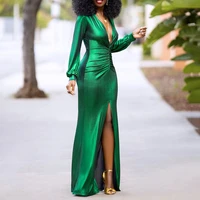 deep v neck sexy dress long sleeve trendy glitter lady night club evening clothing female autumn green dresses for women party
