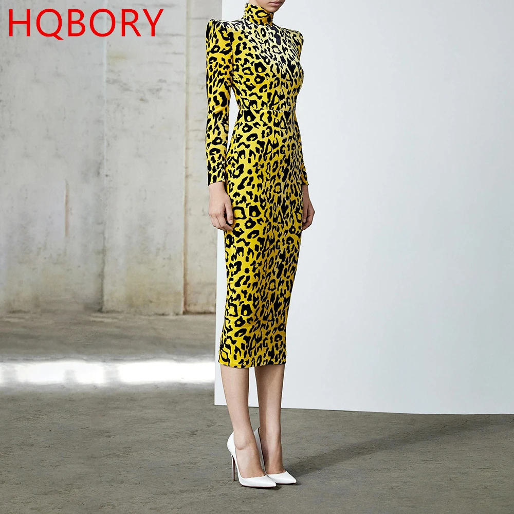 Женское вечернее платье с длинным рукавом HQBORY леопардовое облегающее Клубное