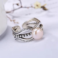 baifuming s925 sterling silver natural pearl personality simple retro hollow versatile opening female ring