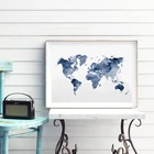 Постер с изображением синей карты мира, абстрактная акварельная картина для украшения гостиной
