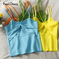 pearl diary women summer knitting spaghetti strap crop tops shirring tie knot cut out front solid color cute going out girl top
