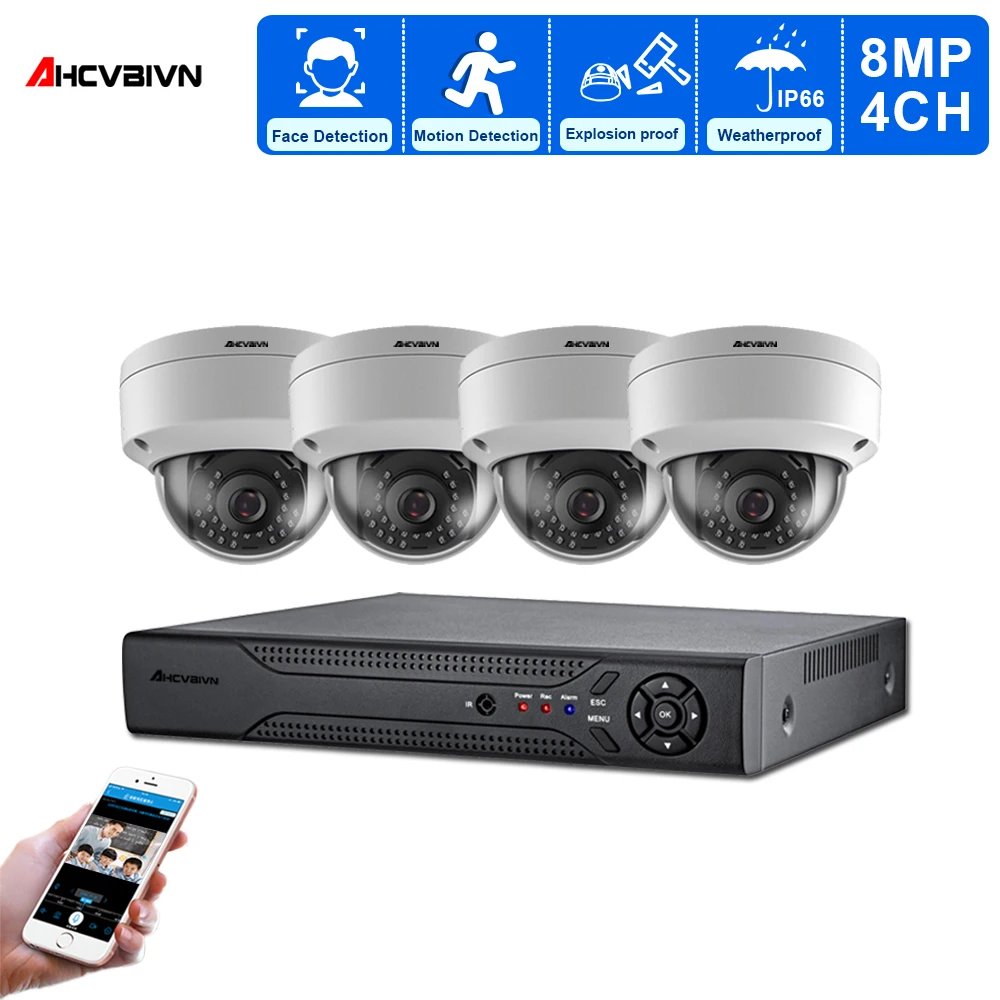 

AHCVBIVN Face Detection 4CH 8MP NVR CCTV Security Kit System POE Audio Record Dome Outdoor POE IP Camera Video Surveillance Set