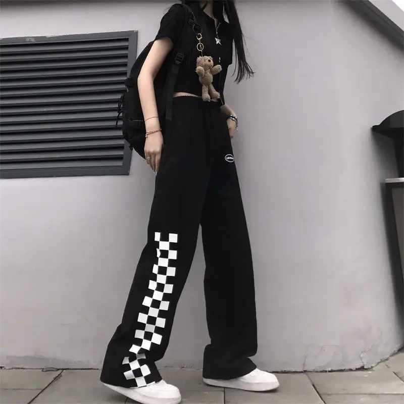 

Korean version ins summer girls' sports pants Harajuku style checkerboard printing casual pants loose straight wide leg pants