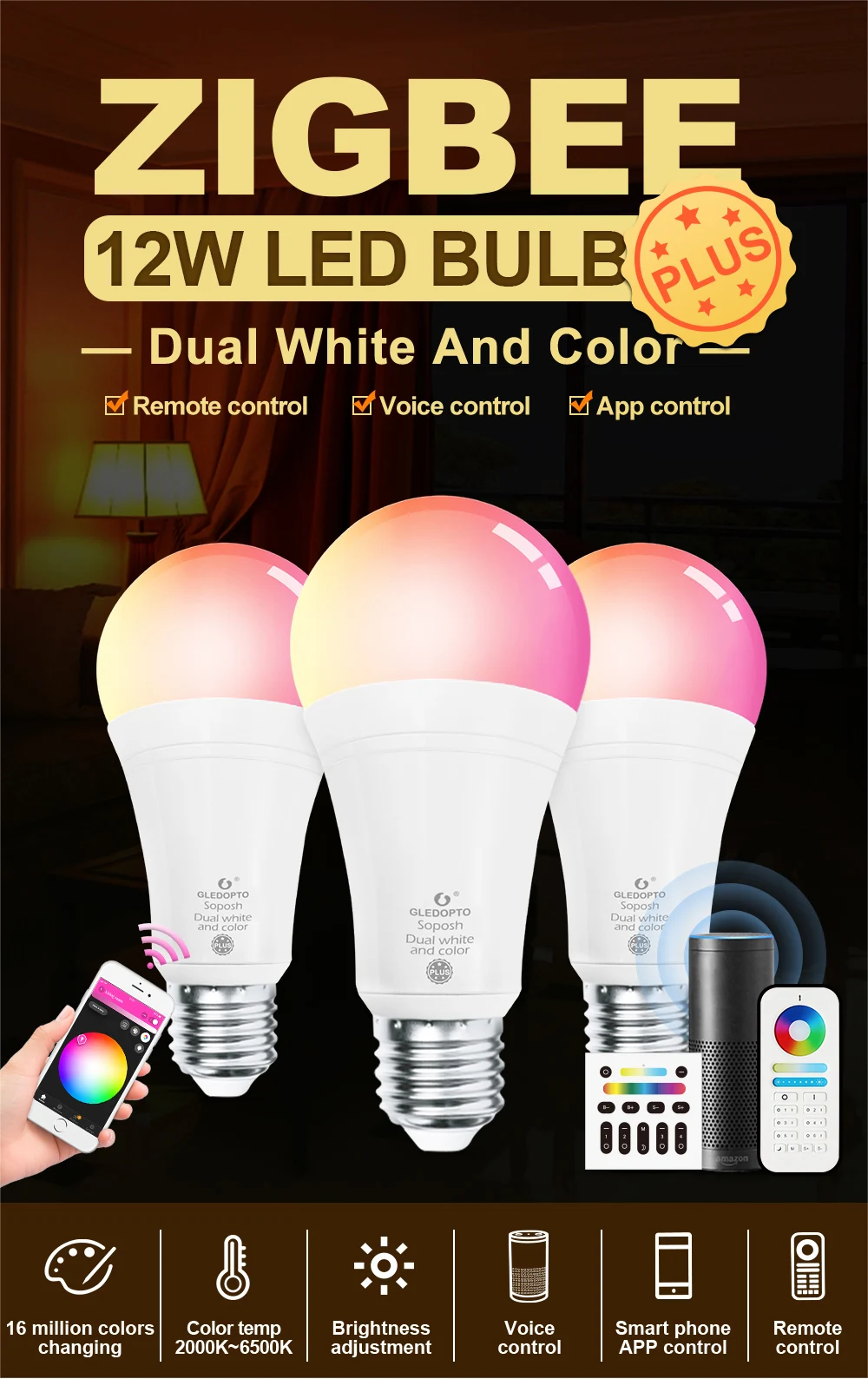 Умный светодиодный лампы E27 E26 Zigbee RGBCCT с регулируемой яркостью(12 Вт AC 110V 220V 6 зоны РФ Пульт дистанционного управления Управление Zigbee 3,0 свет лампы Голосовое управление Alexa