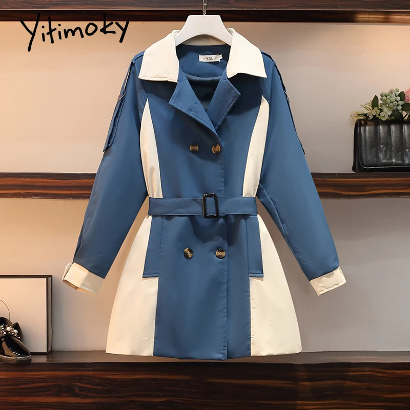 

Yitimoky Women Trench 2022 Spring Fashion New with Belt Spliced Coat Blue Windbreaker Turn-down Collar Female Business Clothing