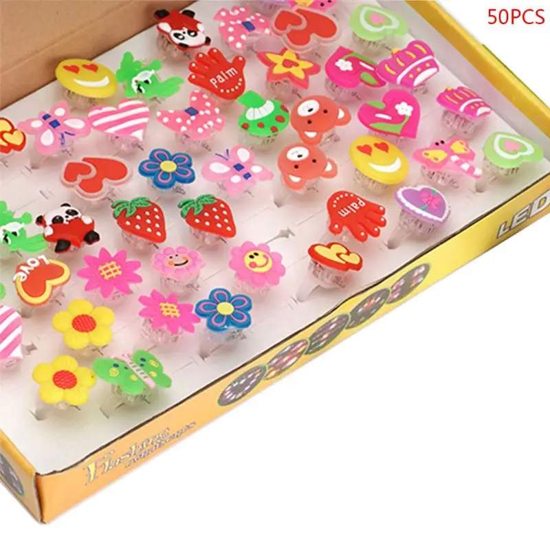 

87HD 50 Pcs/Lot Children Toys Rings LED Flashing Light Up Animal Flowers Fruit Finger Ring Christmas Gift