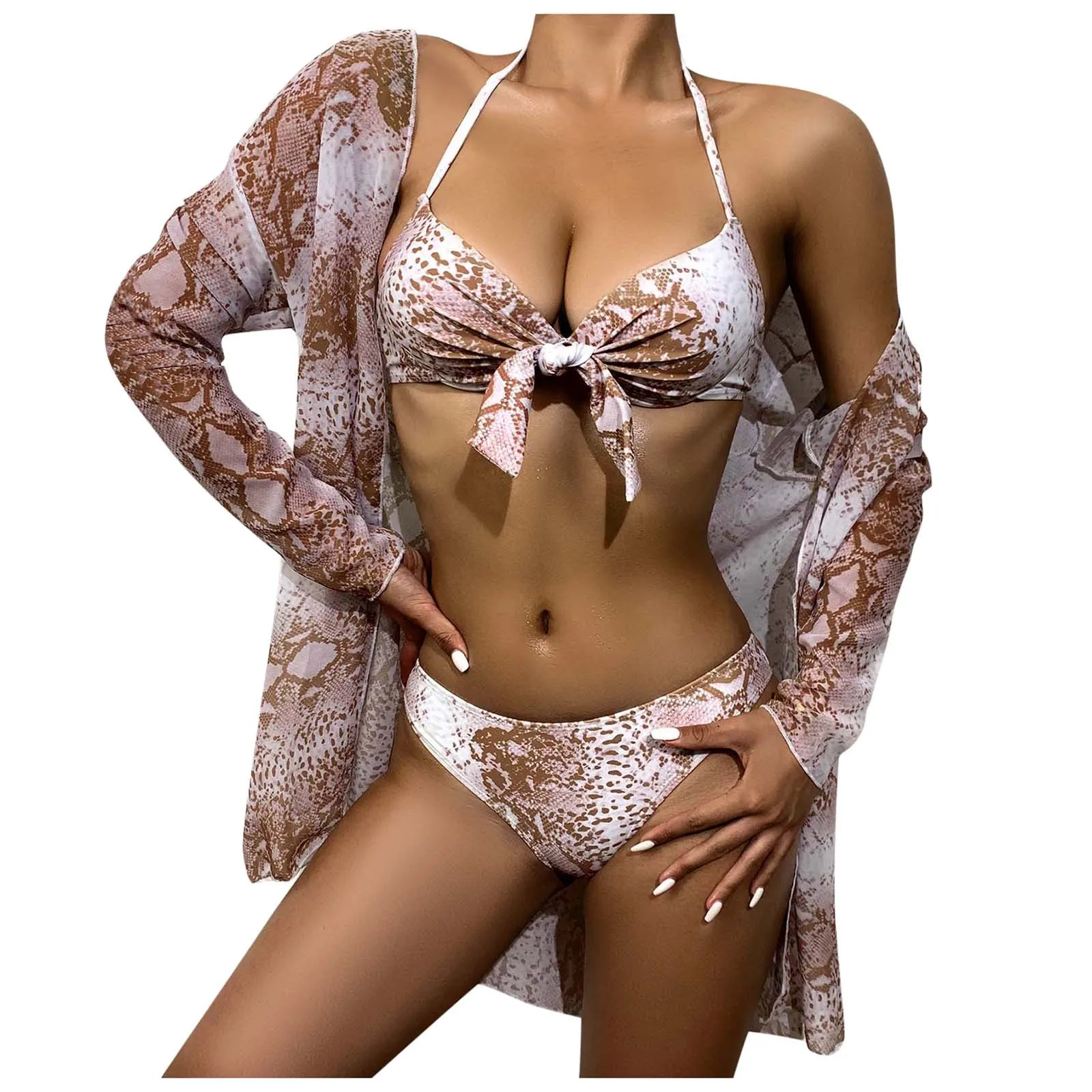 

3pcs Women Swimsuits Bikini Set Push-Up Padded Top High Waist Long-Sleeve Sunscreen Strap Thong Swimwear Sexy Beachwear 2021