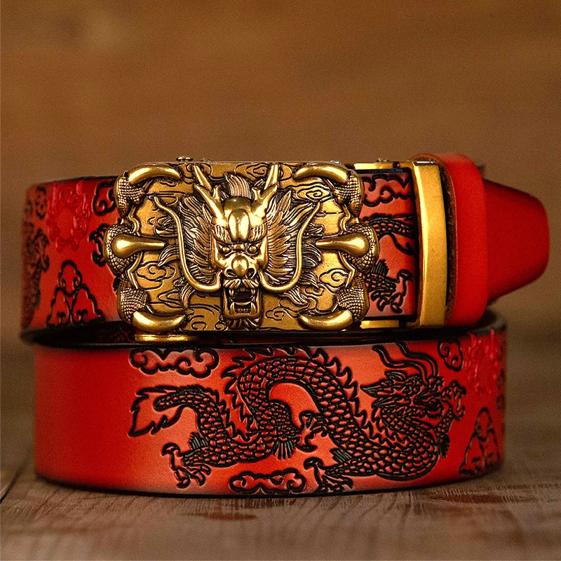 

Men Belt Genuine Leather New High Quality Cowhide Handmade Men Waistbands Chinese Dragon Pressed Straps Male Designer Belts