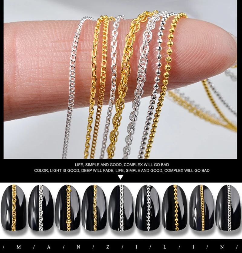 

1PC Hot Fashion 3D Gold Silver Nail Metal 9 Styles Steel Ball Chain Punk Style UV Gel Polish DIY Nail Art Decorations Tool