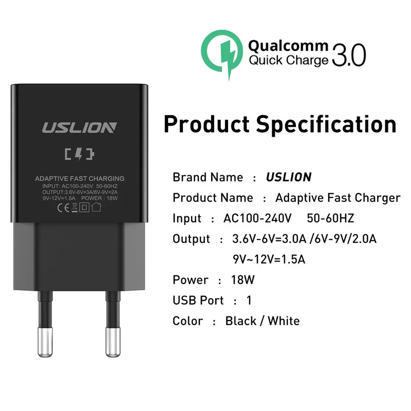 USB-зарядное устройство USLION универсальное с поддержкой быстрой зарядки 18 Вт QC 3 0 |