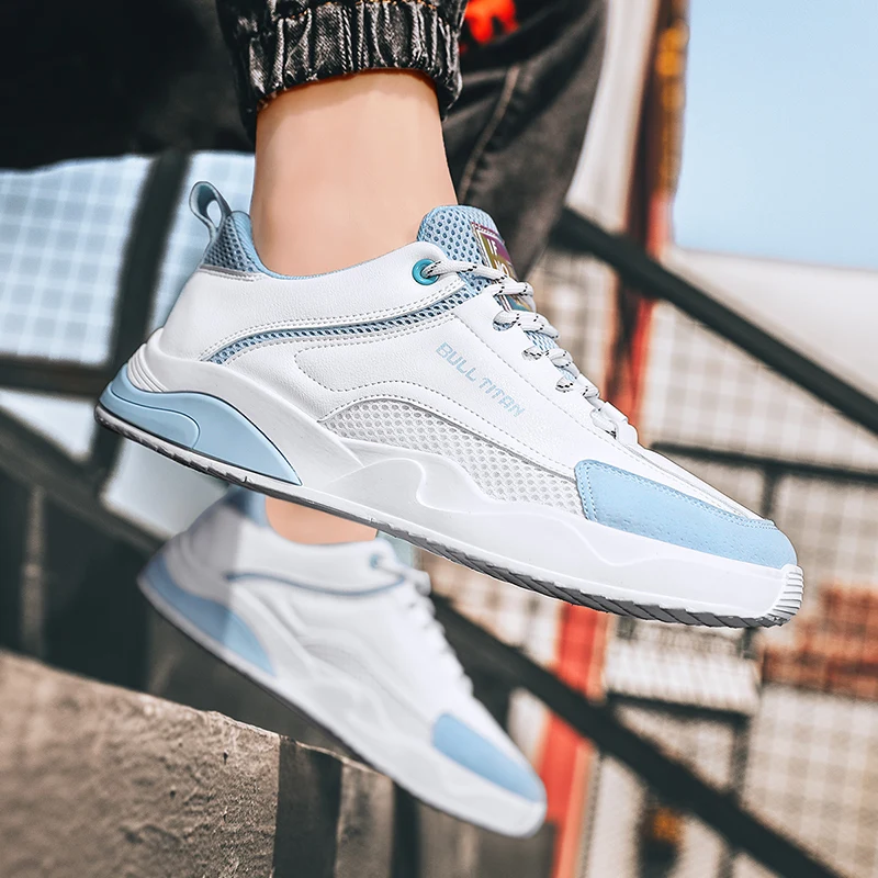 

2021 Summer Men Solid White Sneakers Leather Chunky Platform Shoes Male Skate Vulcanized Shoes Outdoor Walking Shoes