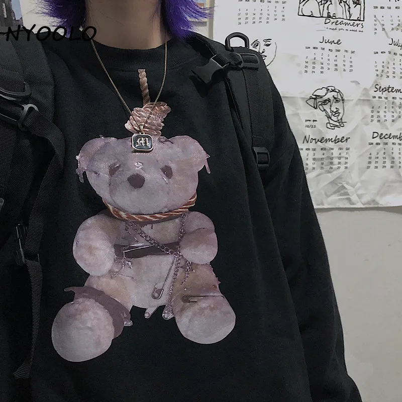 

NYOOLO Harajuku Style Bear Print Long Sleeve Pullovers Fleece Sweatshirt Women Autumn Winter Loose O-Neck Plus Velvet Black Tops