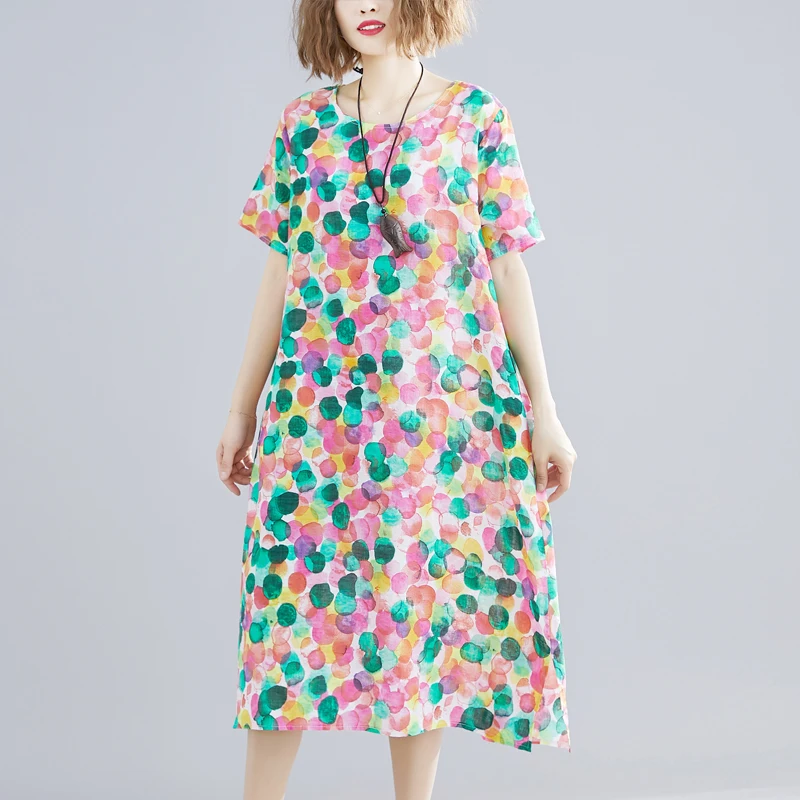 Женское хлопково льняное платье с коротким рукавом облегающее до середины икры