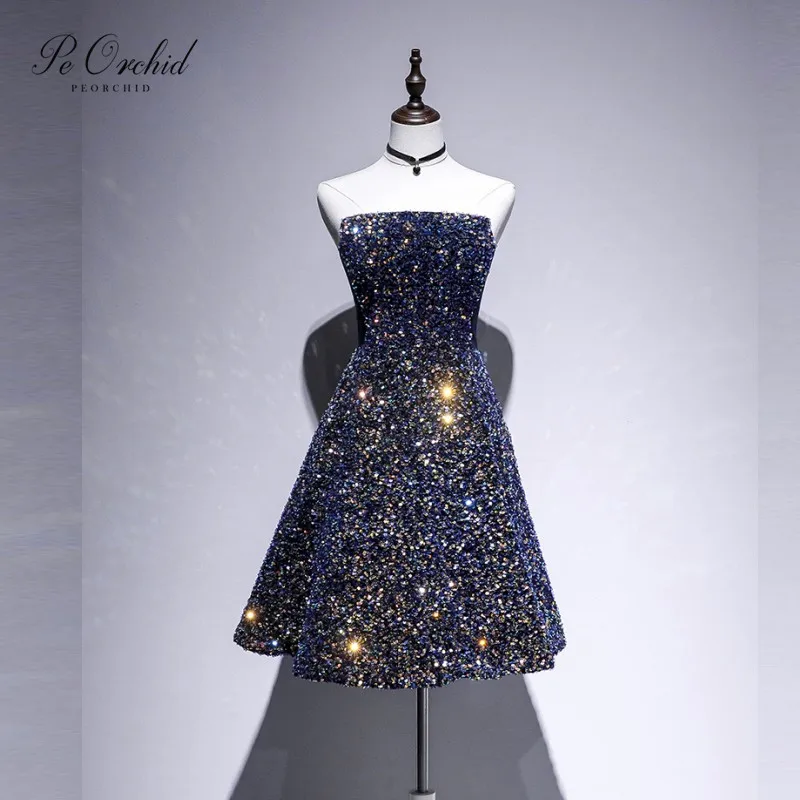 

PEORCHID Glitter Sequin Short prom dresses 2020 Strapless Vestido Corto Graduacion A Line Cheap Dinner Party Evening Gowns