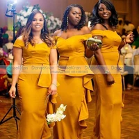 gold yellow mermaid african bridesmaid dresses 2021 off the shoulder ruffled satin wedding party dresses lace up back maxi gowns