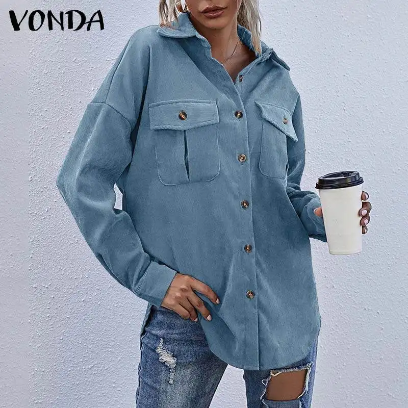 

VONDA Women Long Sleeve Shirt 2022 Female Lapel Neck Shirts Casual Solid Color Blouse Bohemian Tops Blusas Femininas Oversized