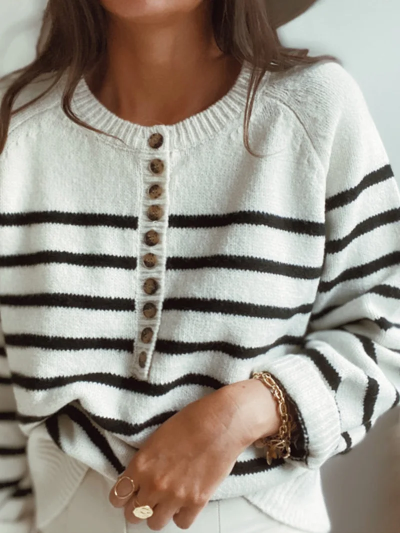 

Elegant Women O-neck Knitted Pullover Single-breasted Loose Stripe Sweater Female 2021 Autumn O-neck Outwear Tops Drop Shipping