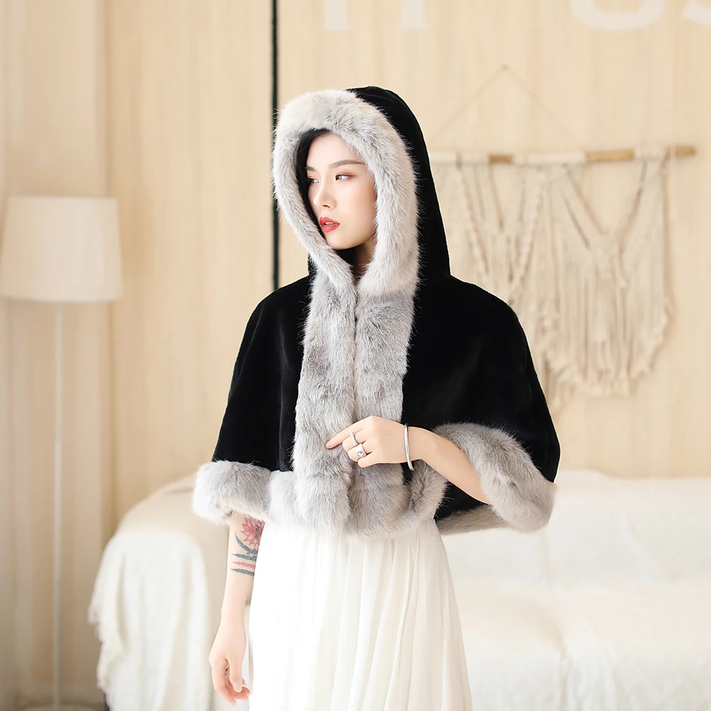 Модная зимняя накидка с капюшоном из искусственного меха Короткий плащ для
