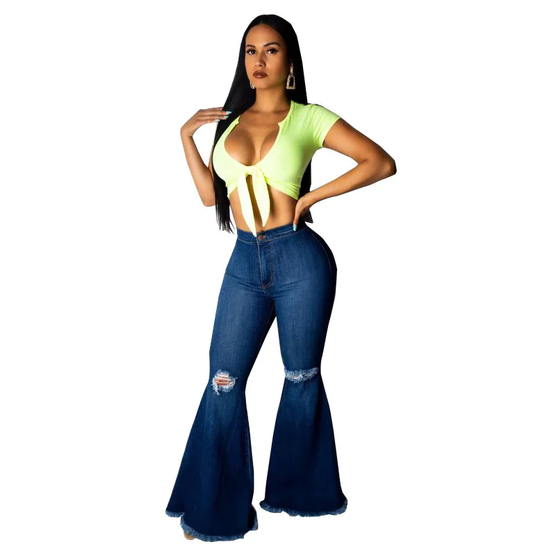 Blue Flare Jeans Stretch Wide High Waist Women Fashion Denim Pants Leg Hole Trousers Lady Casual Bell-Bottoms | Женская одежда