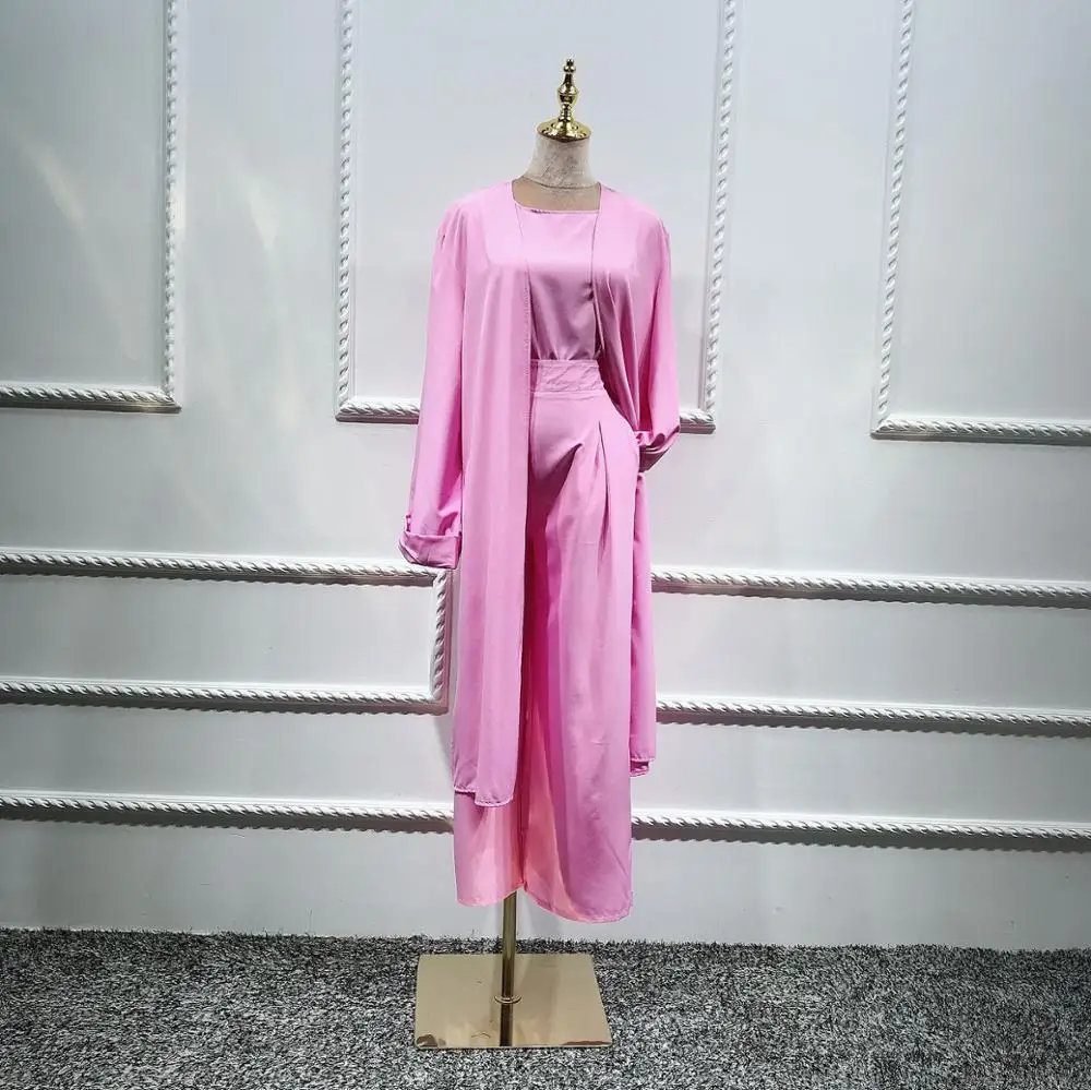 Розовый Мусульманские комплекты, 3 предмета, костюмы, топы, штаны, abaya, платье, хиджаб, кардиган-кимоно, длинные халаты, катфан, Ближний Восток, Рамадан, Арабский исламский - Цвет: Розовый