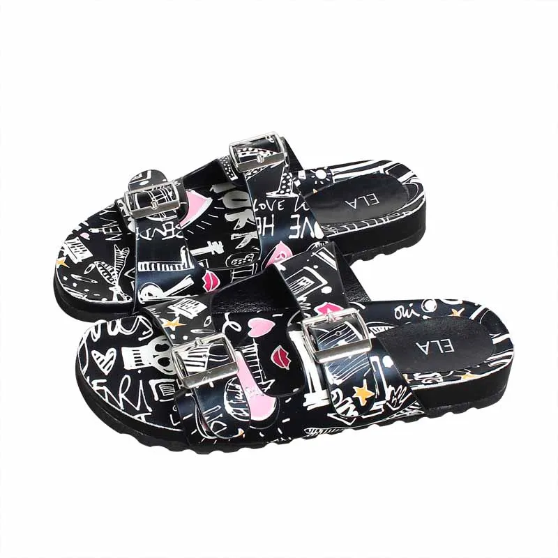 

Shoes Slippers Flat Rubber Flip Flops Summer Clogs Woman Slides Pantofle Soft Hawaiian Beach 2021 Graffiti Buckle Strap PU