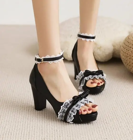 

Womens Chunky High Heel Open Toe Lace Pumps Ankle Strap Dress Party Sandals Shoes
