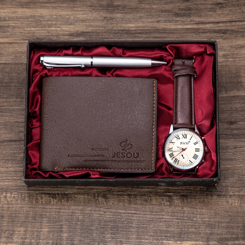 Мужские часы в комплекте стальные/кожаные кварцевые наручные складной кошелек