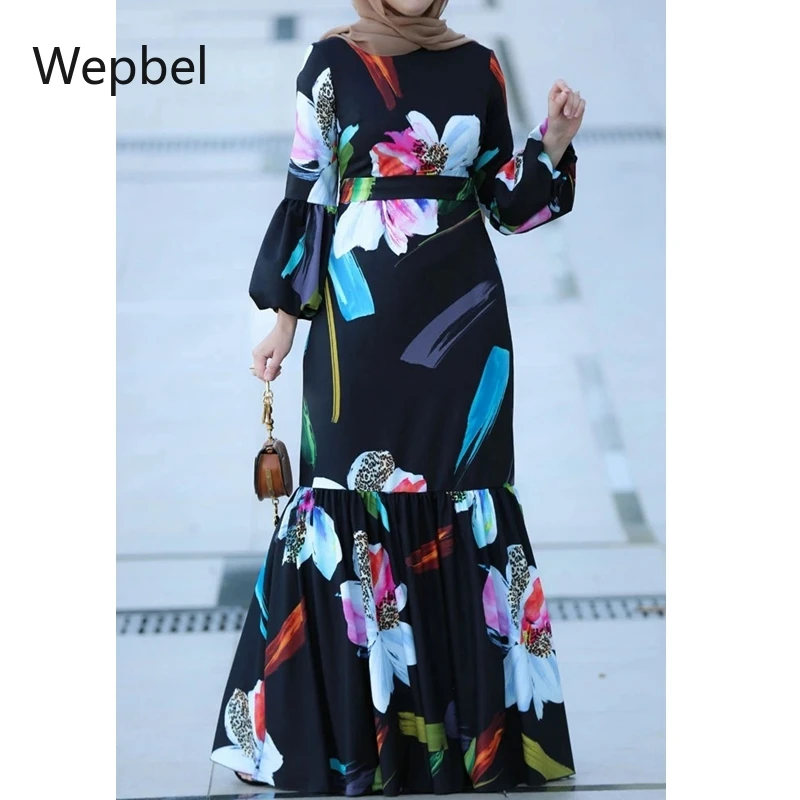 WEPBEL Indonesia Abaya Gamis Wanita Baju Muslim Timur Tengah Malaysia Lengan Panjang Flora Cetak Maxi Gaun Pinggang Tinggi Abaya