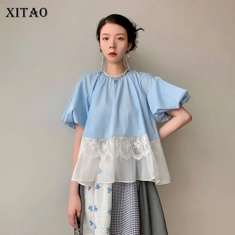 

XITAO Лоскутная Женская рубашка с рукавами Ianter, Новое поступление лета 2021, модная Свободная рубашка с круглым вырезом и коротким рукавом, WMD1750