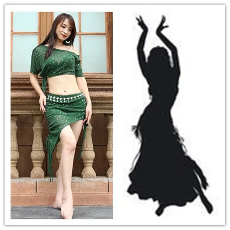 

Belly Dance Clothes Sequins Suit 2 Pieces Costume Set Class Wear Plus Size Top with Short Skirt new style free shipping