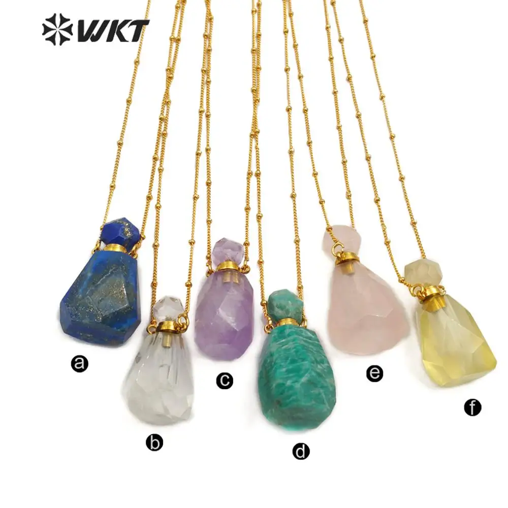 WT-N1162 WKT! Желтые цитрины Смоки аметиста розовое кристаллическое ожерелье духов бутылка форма кулон с Золотая цепочка, колье