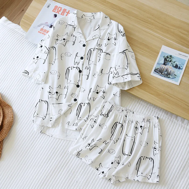 

Cartoon Cat Pajama Sets White Knitted Cotton Sleepwear Suit Lapel Cardigan Woman Two Piece Cute Fresh Short-Sleeve Loungewear