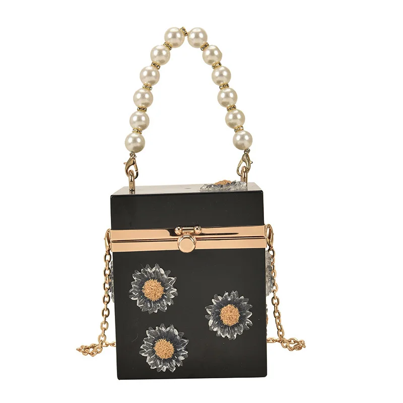 

Small Square And Round Acrylic Pearl Wrist Women's Bag New Ins Daisy Box Chain Transparent Cylinder Handbag Leisure Shoulder Bag